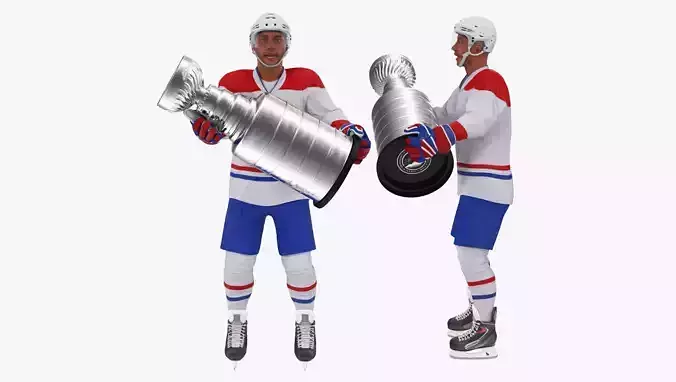 Hockey Player with Stanley Cup Trophy Rigged for Cinema 4D