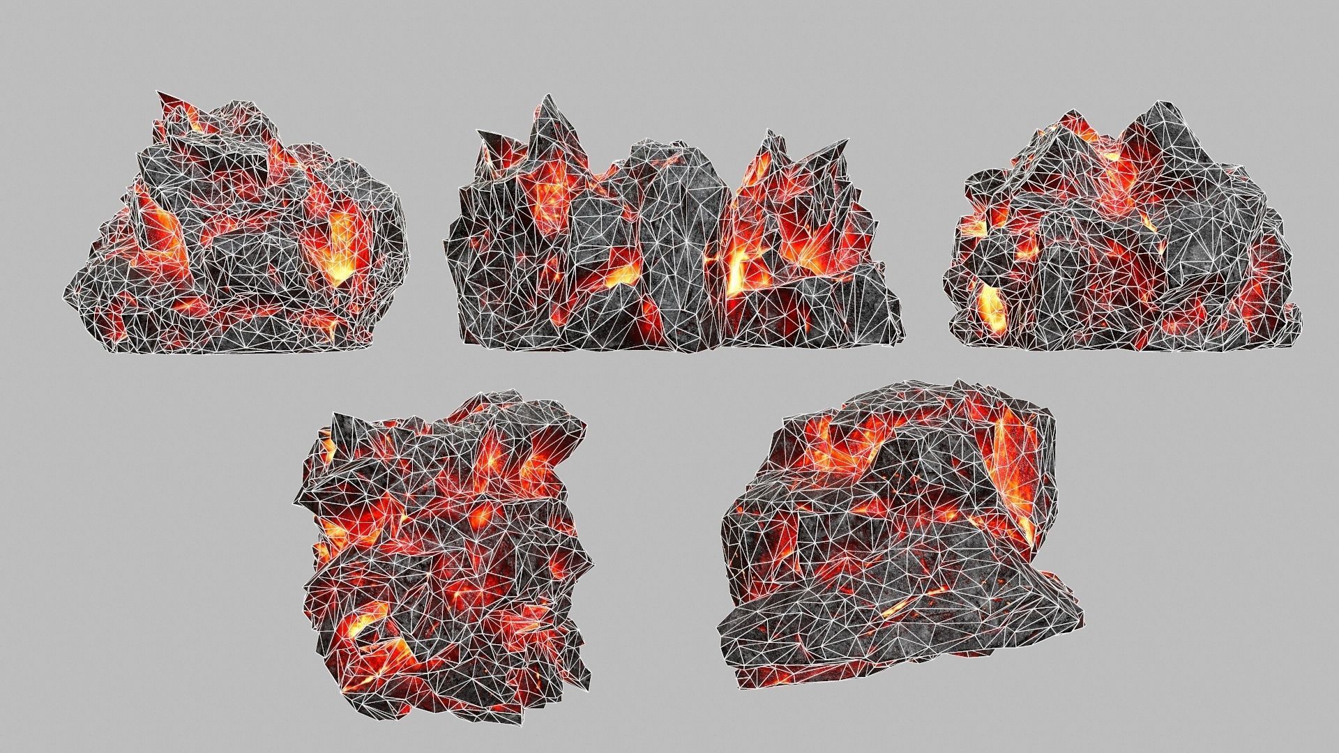 Rock Set piece of with flames Low-poly 3D model_1