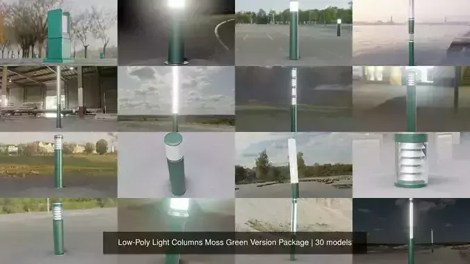 Low-Poly Light Columns Moss Green Version Package 3D Model Collection