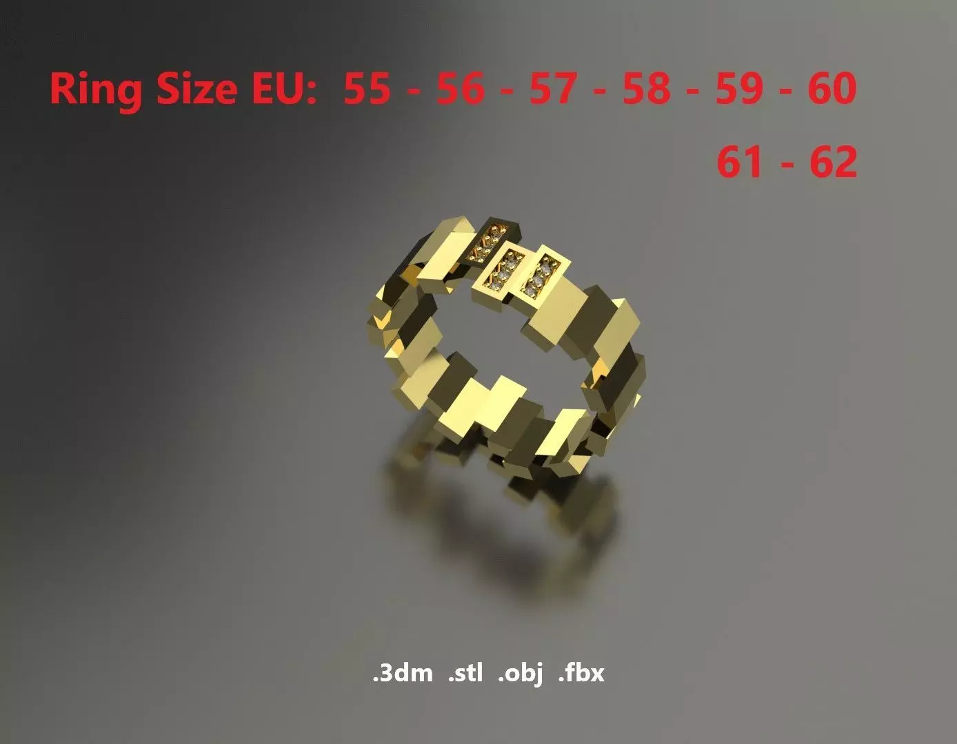 Model 88 Rectangular Facet Diamond Ring Modern EU size 3D print model_0