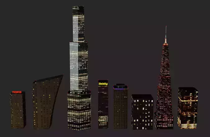 Buildings low poly skyscrapers at night Free low-poly 3D model