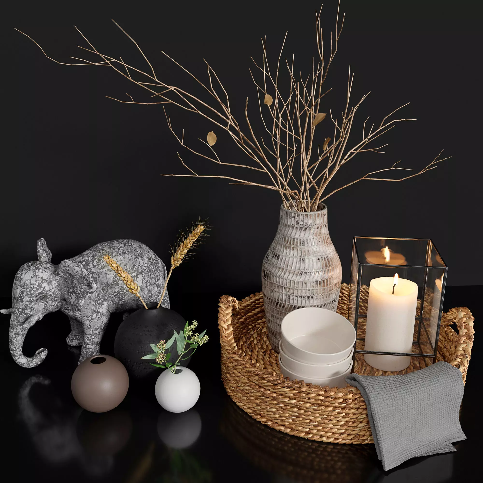 Decor set wicker basket with candles and candlesticks 3D model_0