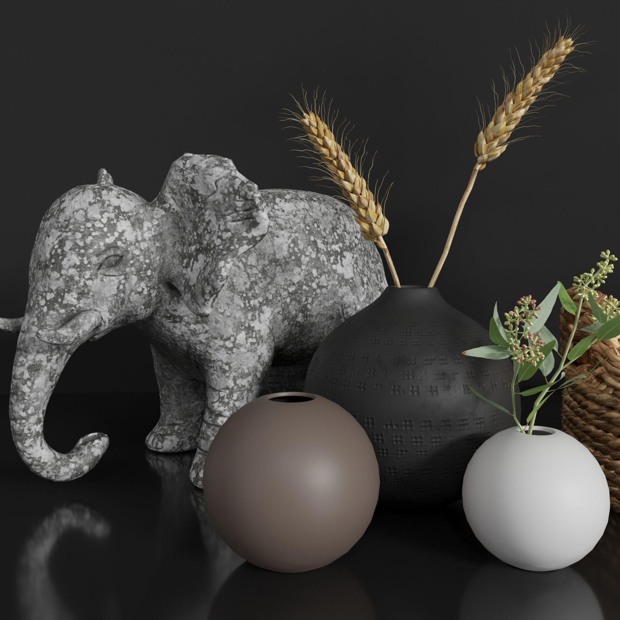 Decor set wicker basket with candles and candlesticks 3D model_1