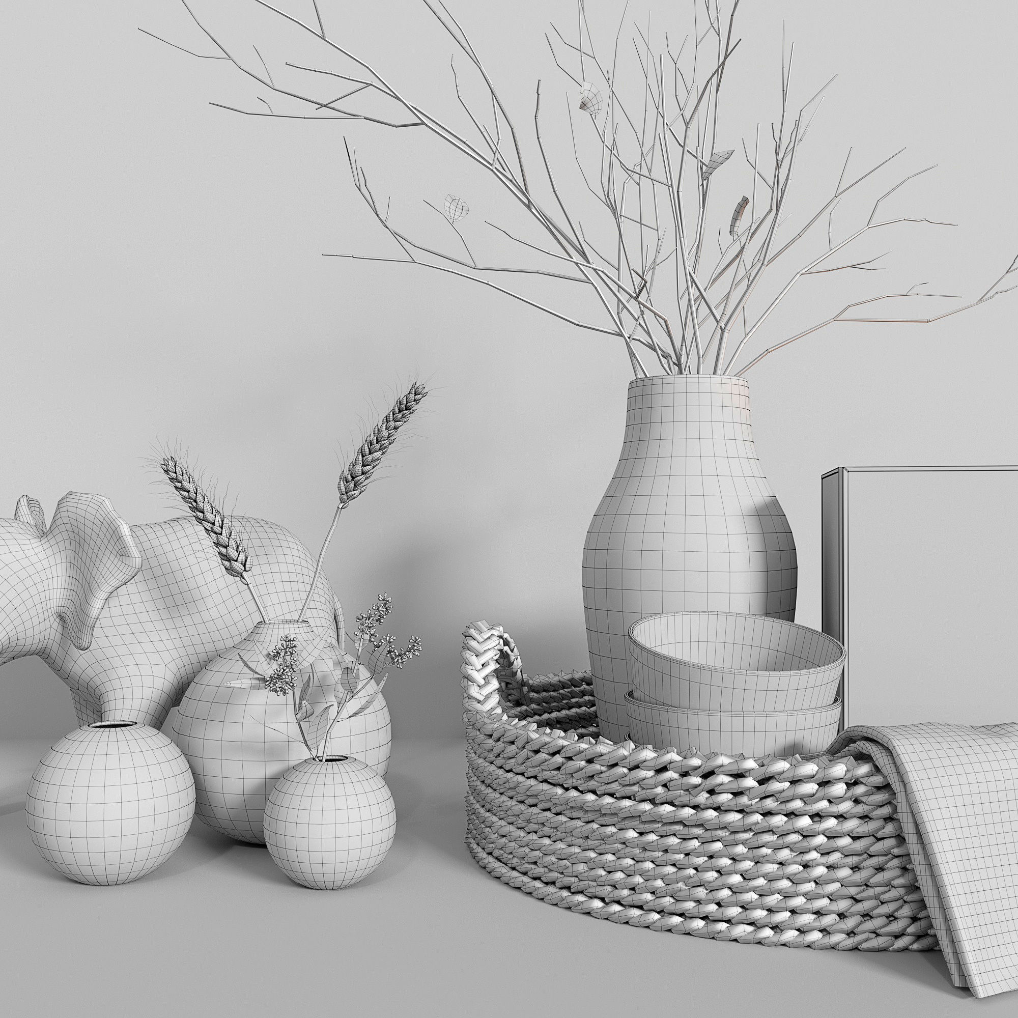 Decor set wicker basket with candles and candlesticks 3D model_5