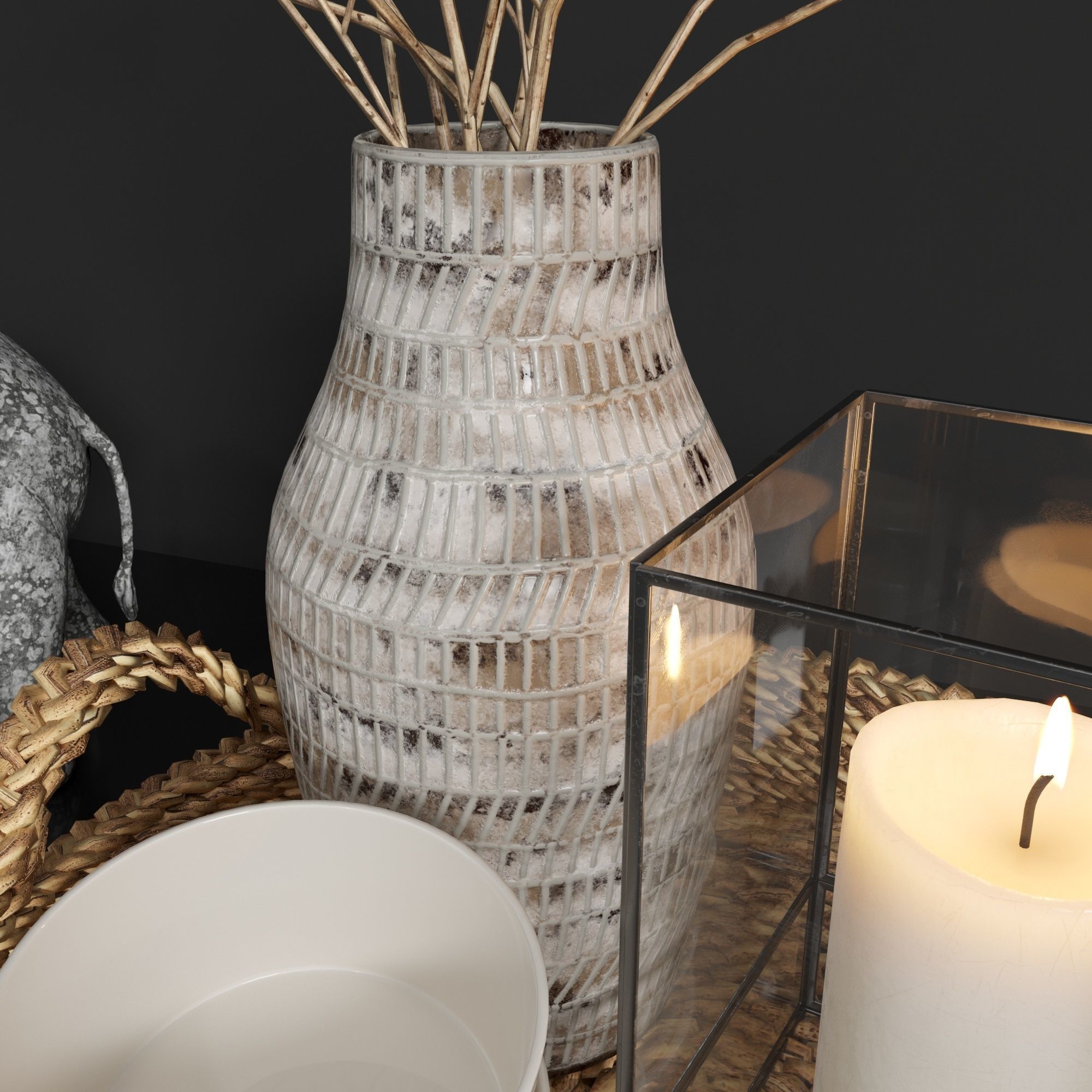 Decor set wicker basket with candles and candlesticks 3D model_2