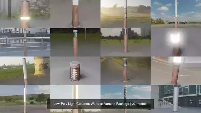 Low-Poly Light Columns Wooden Version Package 3D Model Collection