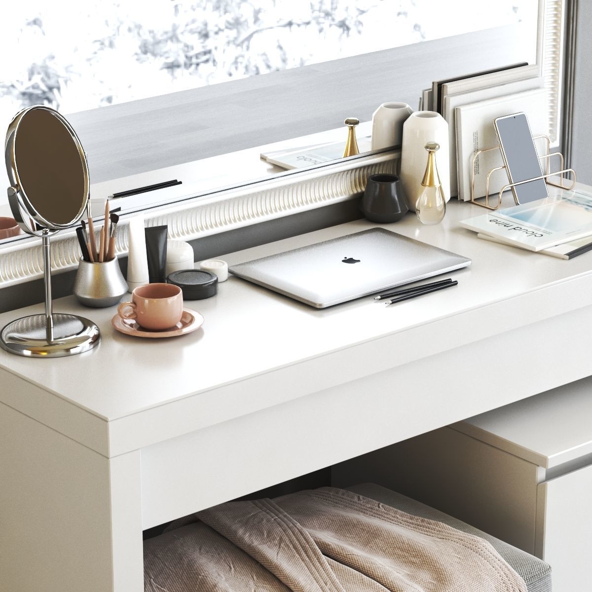 MALM Dressing Table with STRANDMON Gray Ottoman 3D model_4