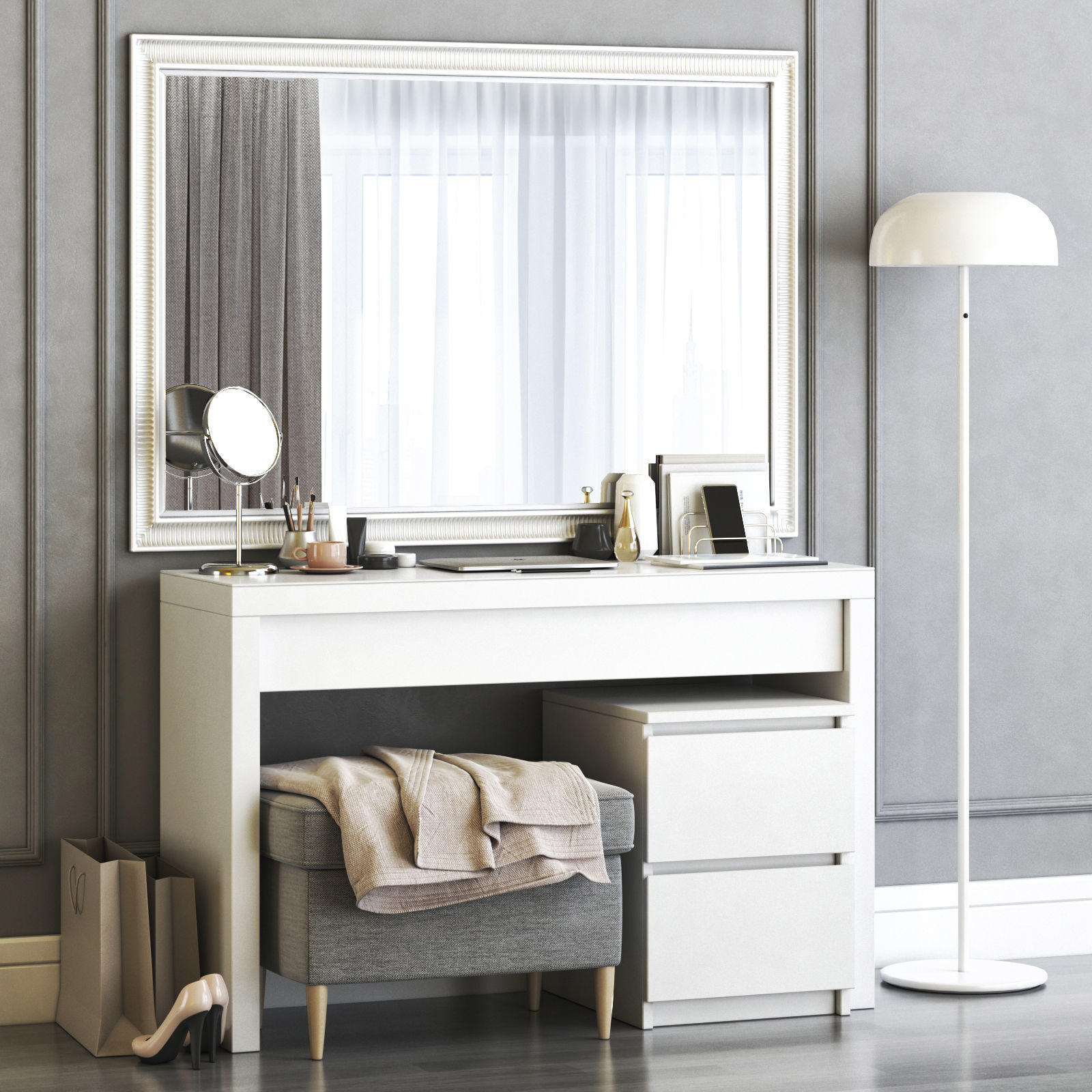 MALM Dressing Table with STRANDMON Gray Ottoman 3D model_1