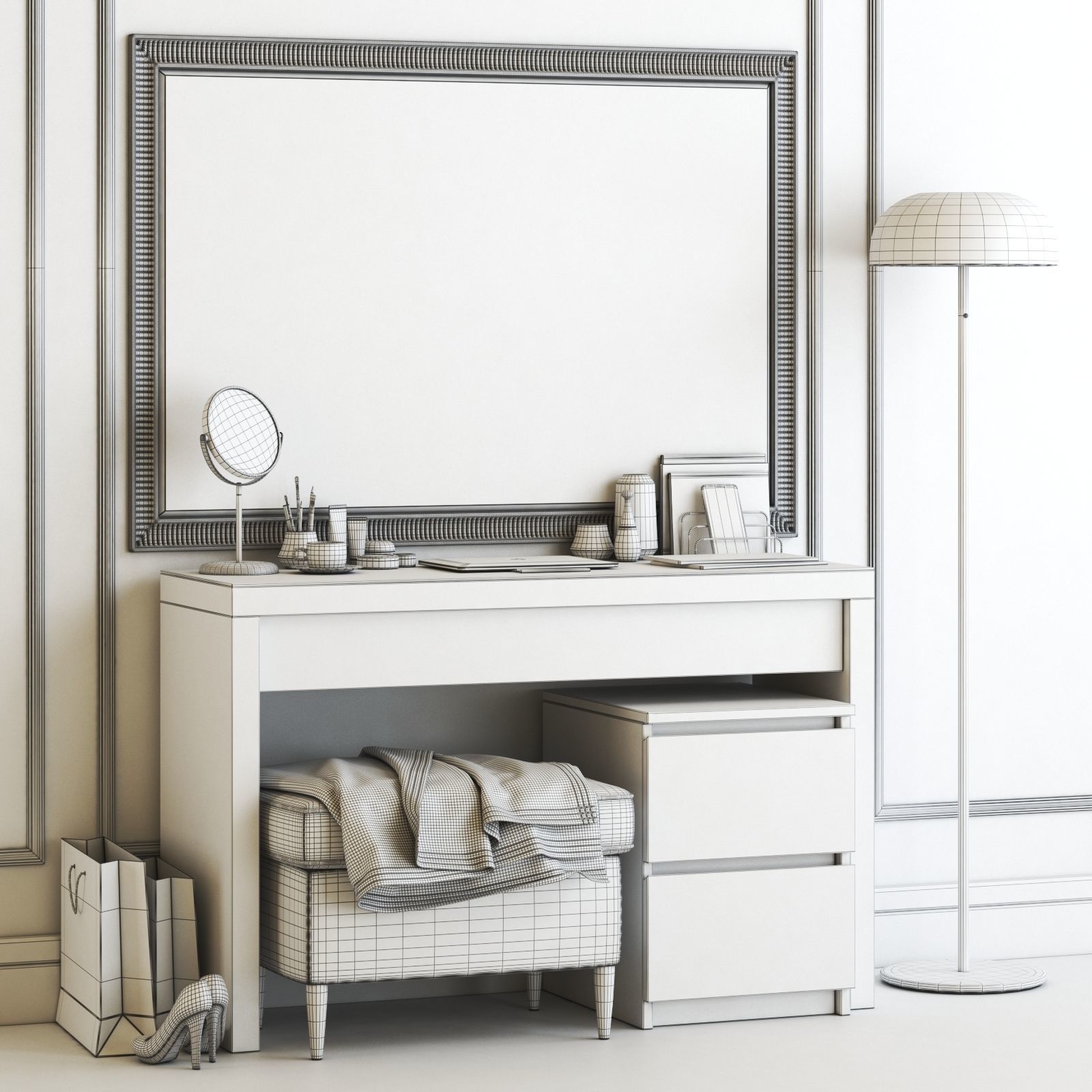 MALM Dressing Table with STRANDMON Gray Ottoman 3D model_2
