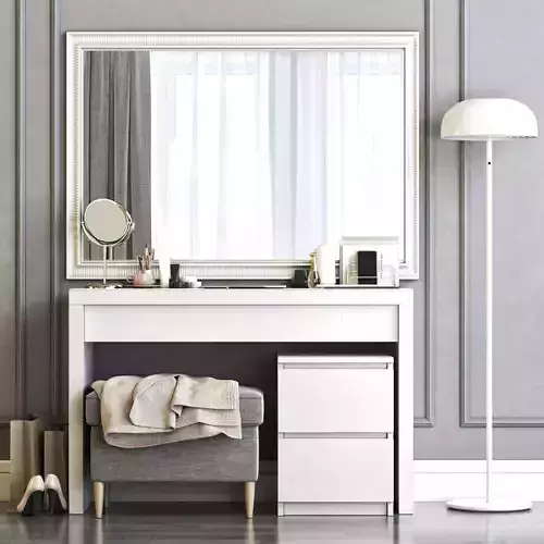 MALM Dressing Table with STRANDMON Gray Ottoman 3D model