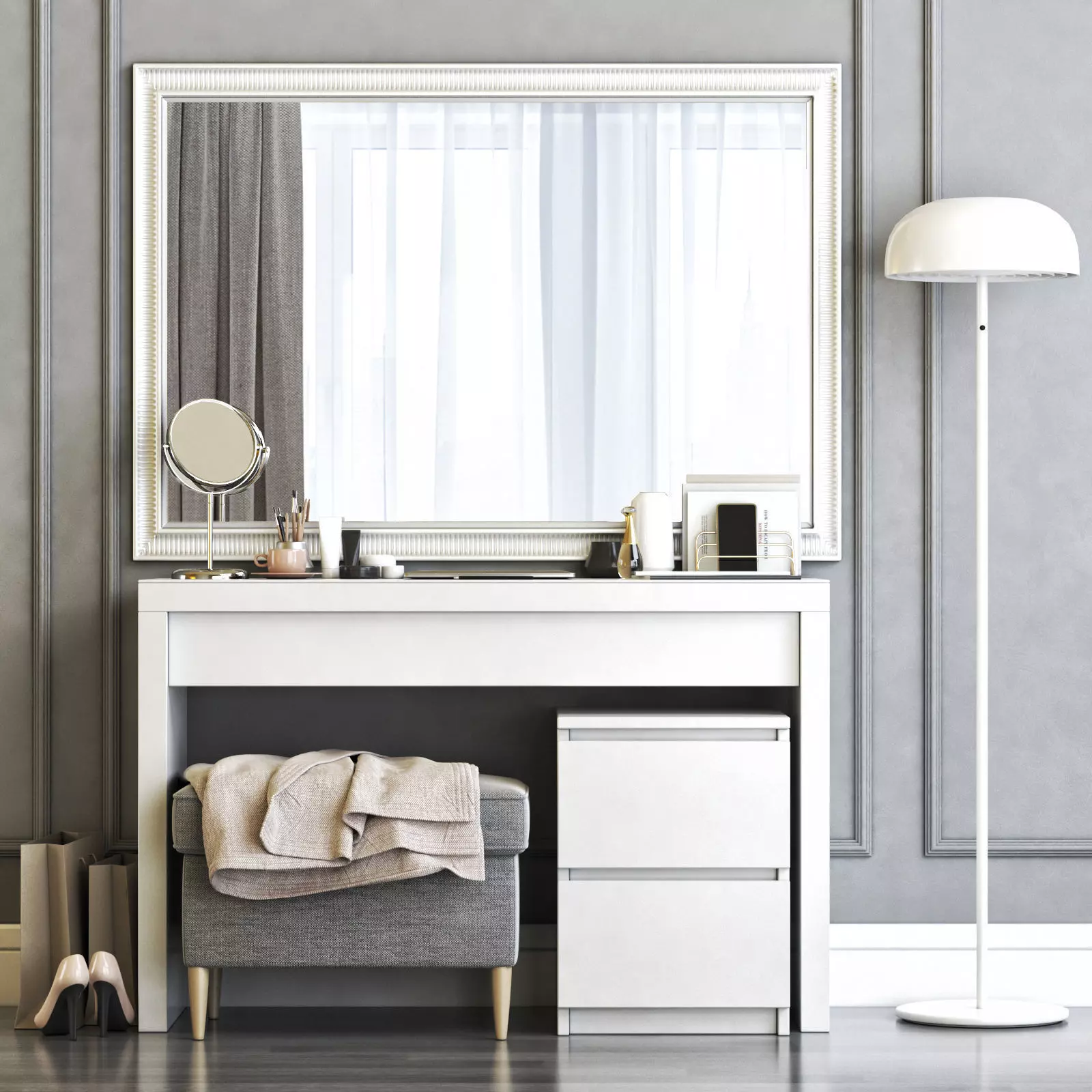 MALM Dressing Table with STRANDMON Gray Ottoman 3D model_0