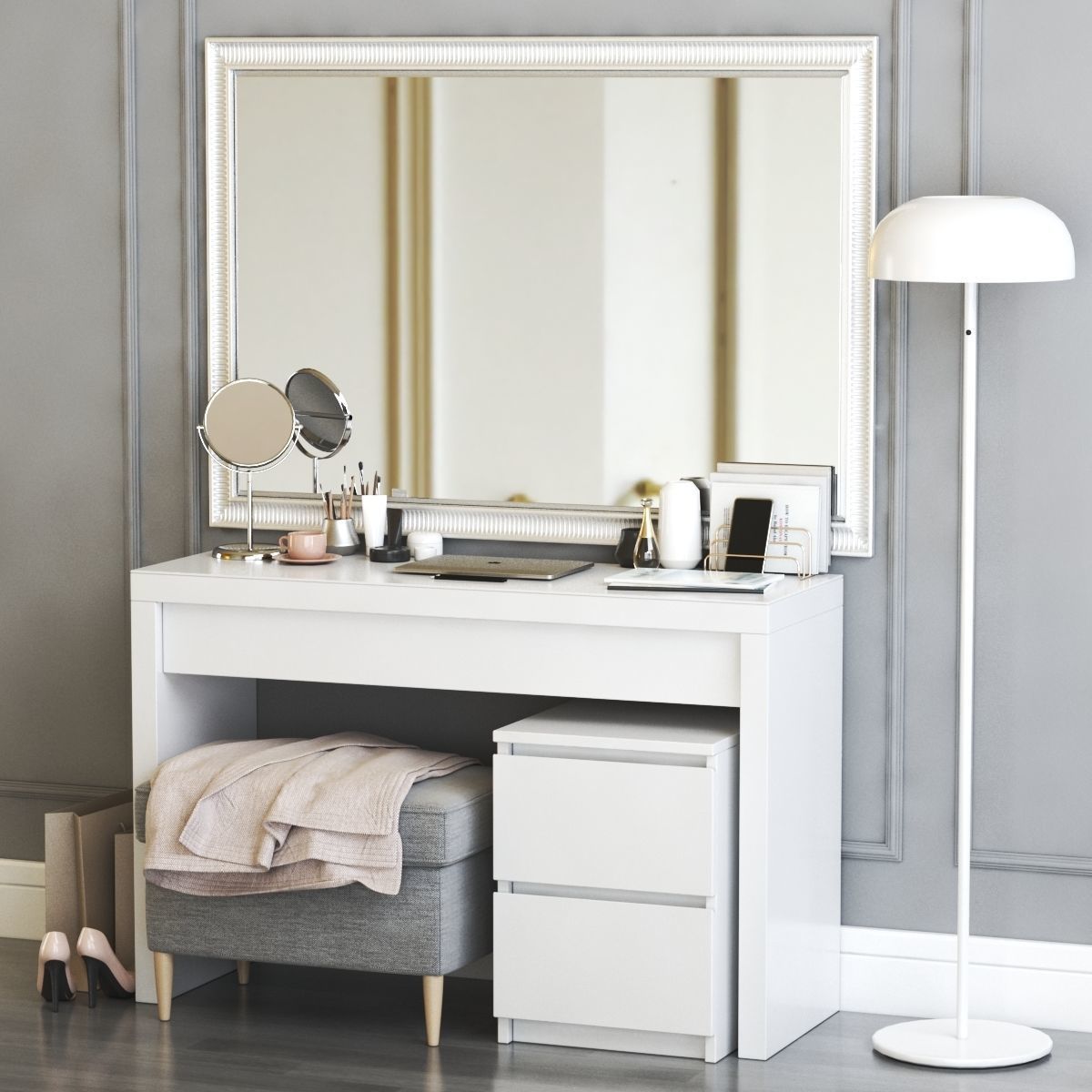 MALM Dressing Table with STRANDMON Gray Ottoman 3D model_3