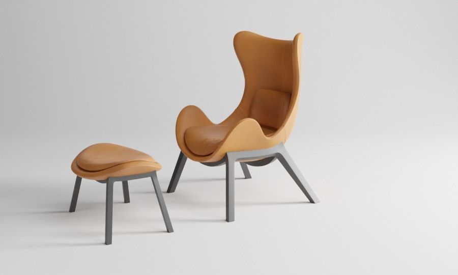 chair and ottoman in tan leather 3D model_1