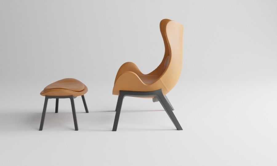 chair and ottoman in tan leather 3D model_2