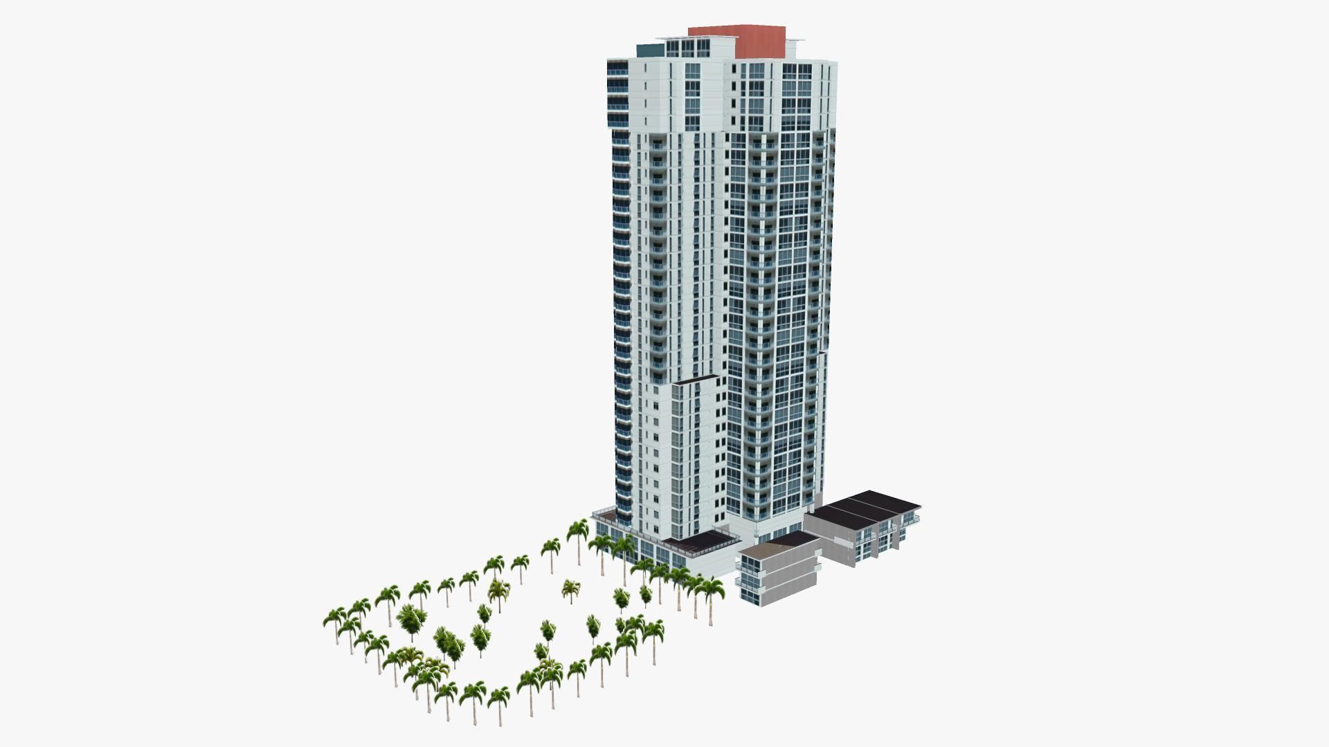 Marina tall building with palm trees Low-poly 3D model_1