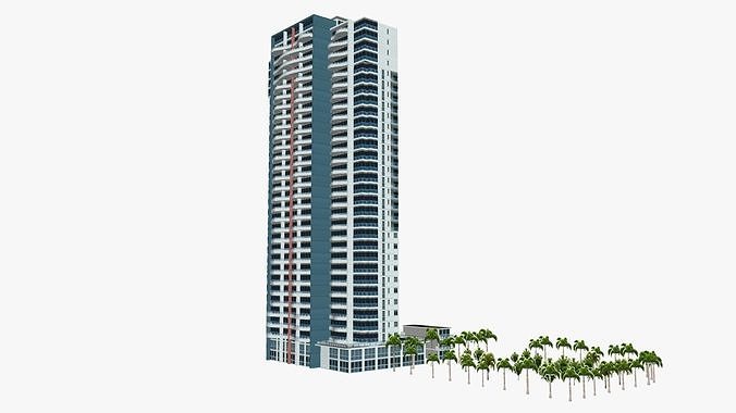 Marina tall building with palm trees Low-poly 3D model