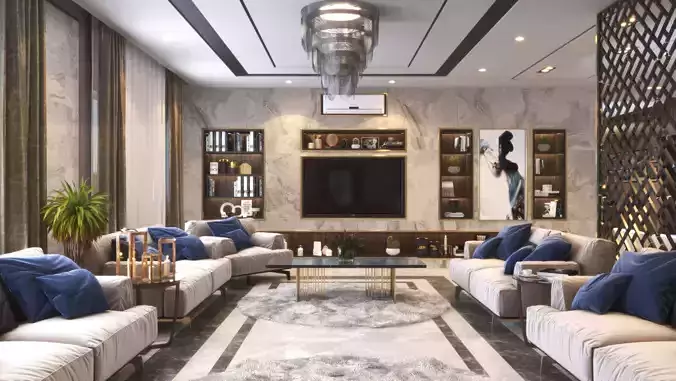 Modern reception and living room interior scene