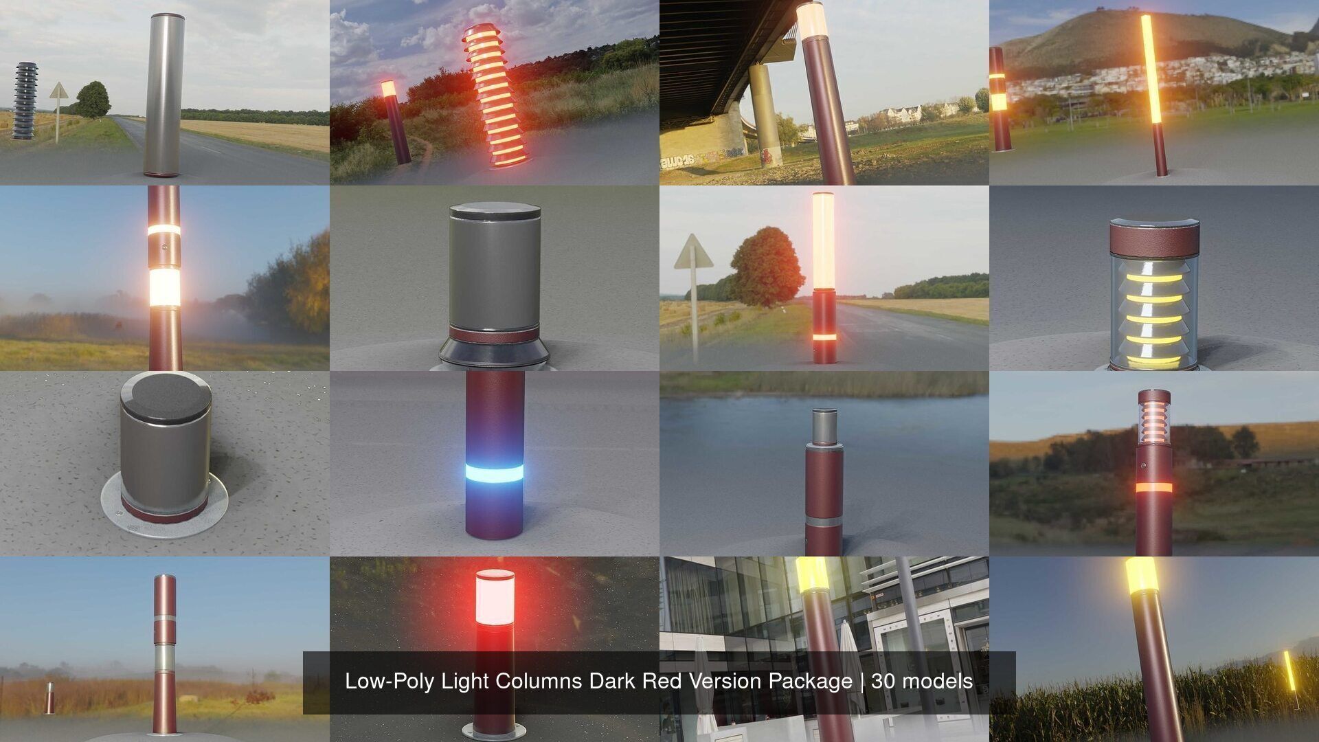 Low-Poly Light Columns Dark Red Version Package 3D Model Collection_2