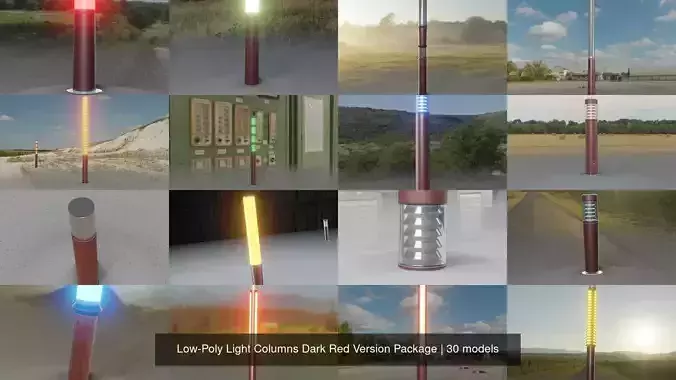 Low-Poly Light Columns Dark Red Version Package 3D Model Collection
