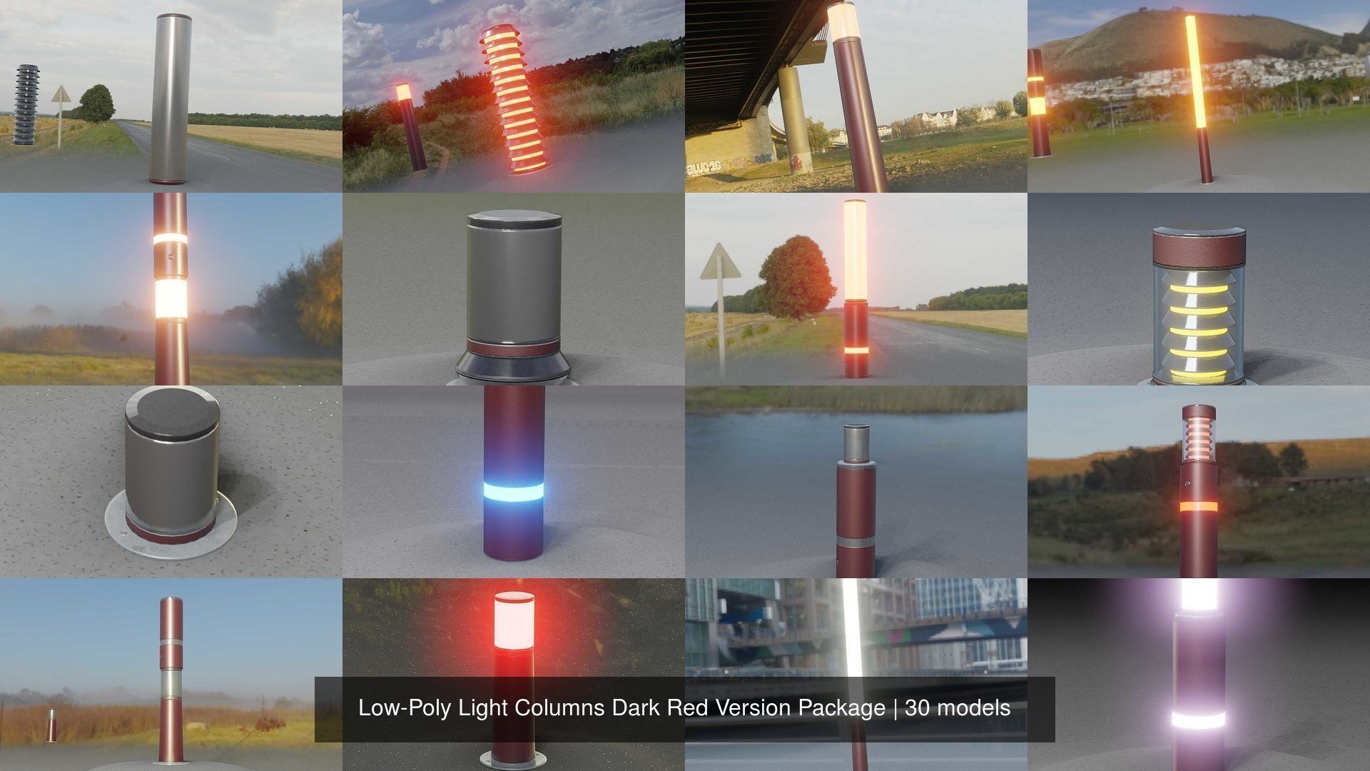 Low-Poly Light Columns Dark Red Version Package 3D Model Collection_3