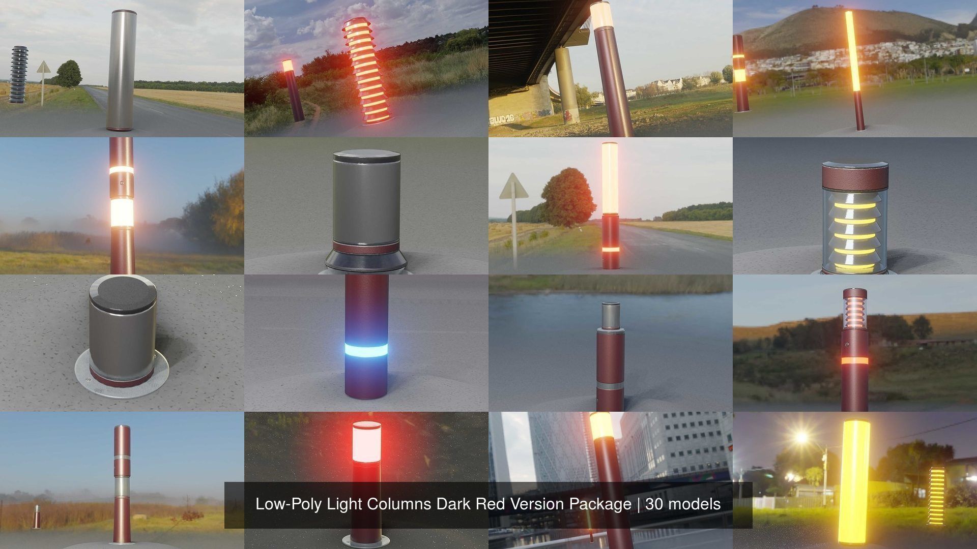 Low-Poly Light Columns Dark Red Version Package 3D Model Collection_4