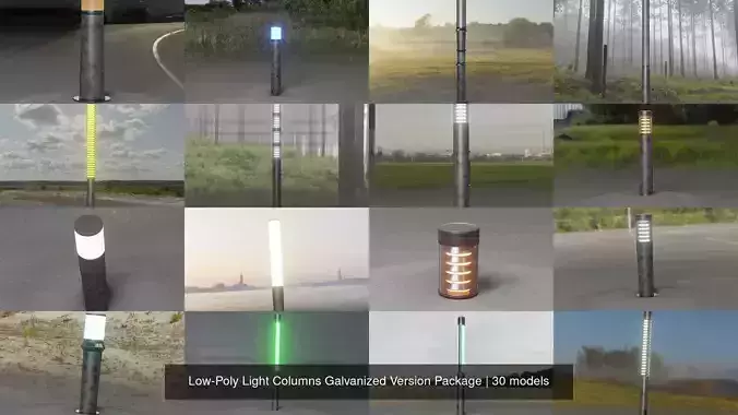 Low-Poly Light Columns Galvanized Version Package 3D Model Collection