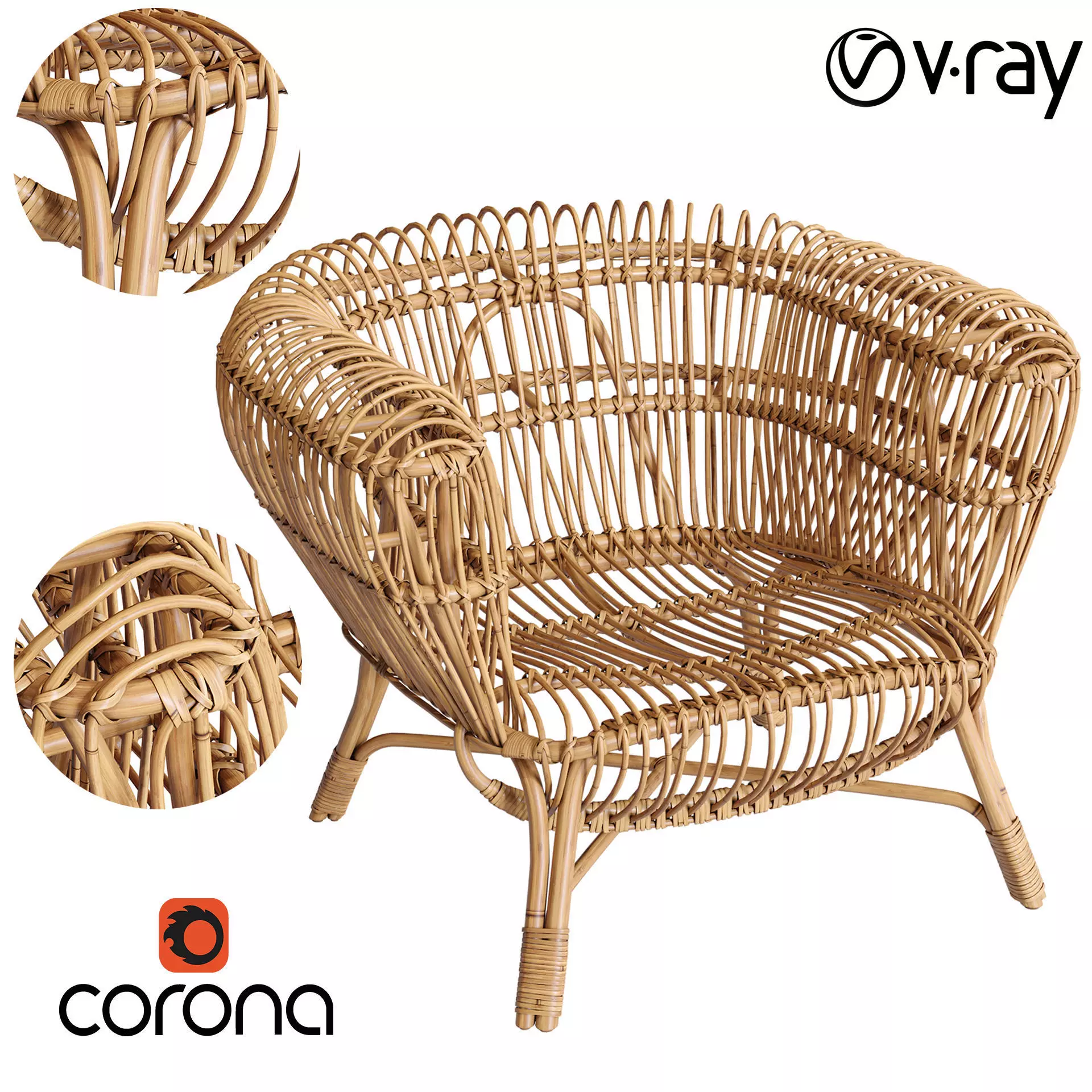 Handwoven Rattan and Kubu Roll Arm Calida Chair 3D model