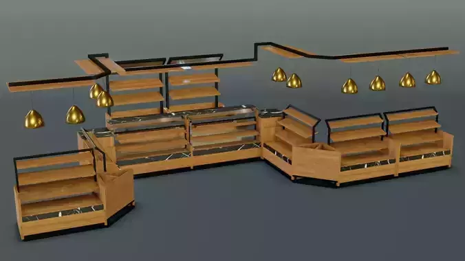 Barkery store with wooden shelves and lights 3D model