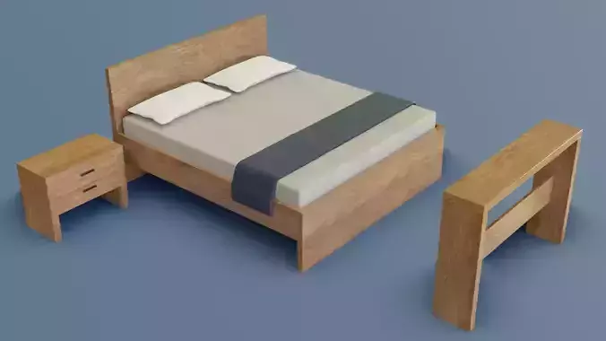 Bedroom wooden bed and nightstand 3D model