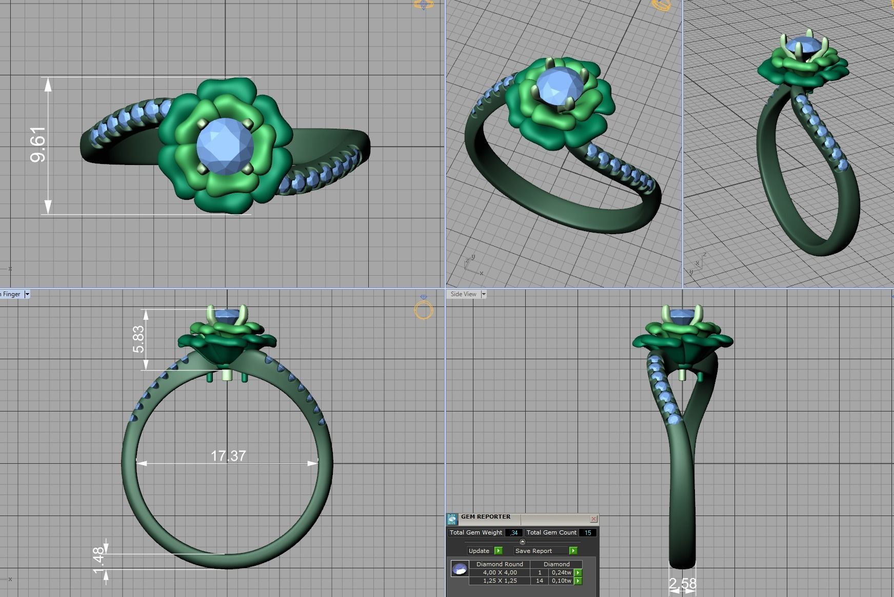 Flower Engagement ring 3dmodel 4mm stone 3D print model_6
