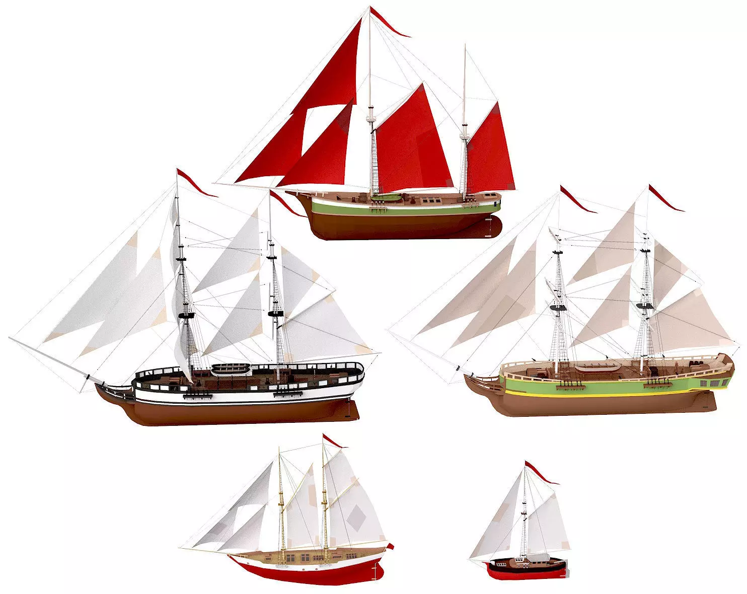 collection sailboats sailing ship Low-poly 3D model_0