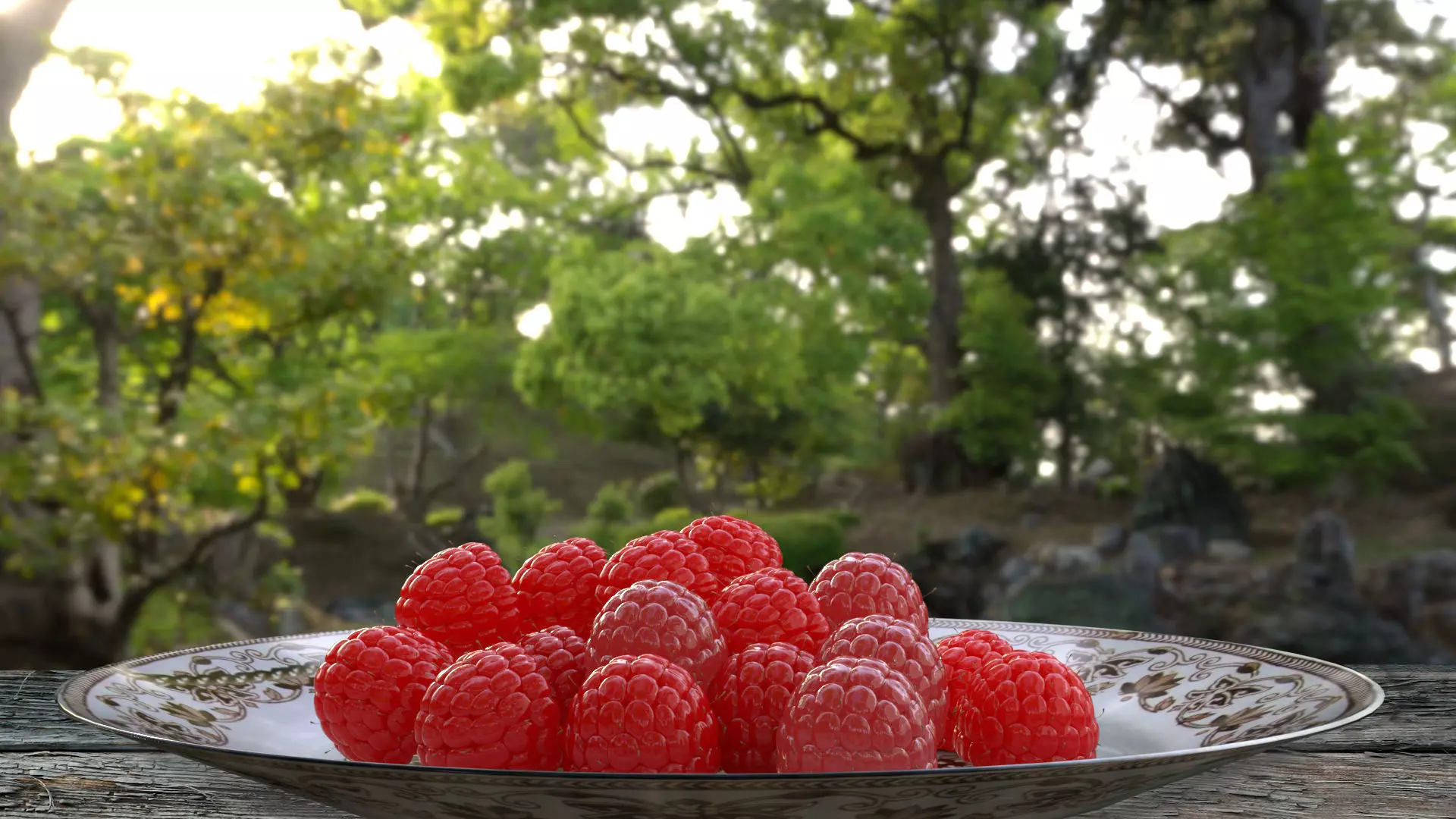 Raspberry plate of raspberries on wooden table 3D model