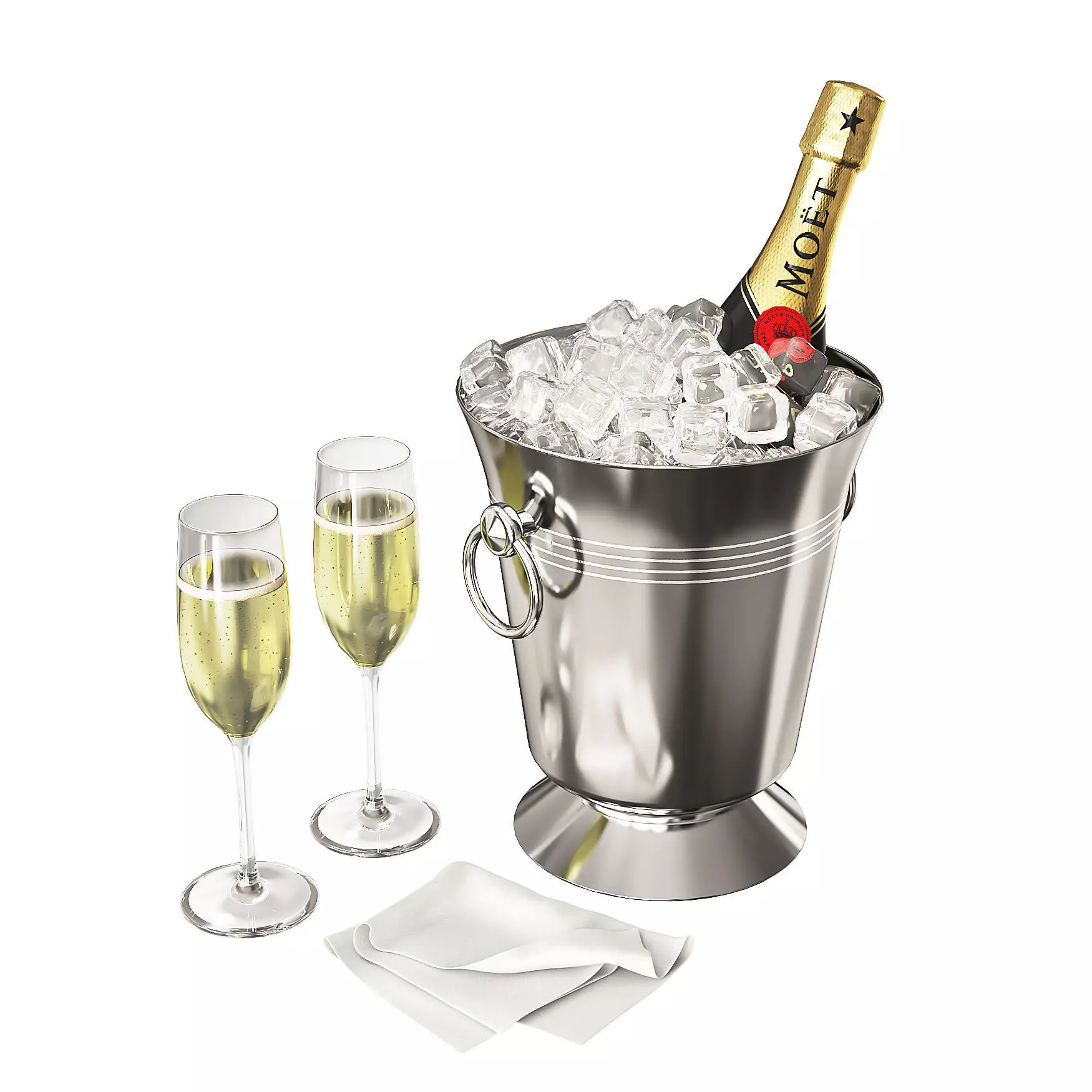 Champagne ice bucket with two glasses and bottle of 3D model