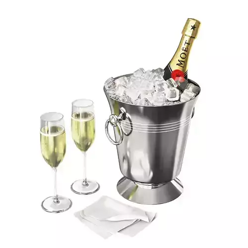 Champagne ice bucket with two glasses and bottle of