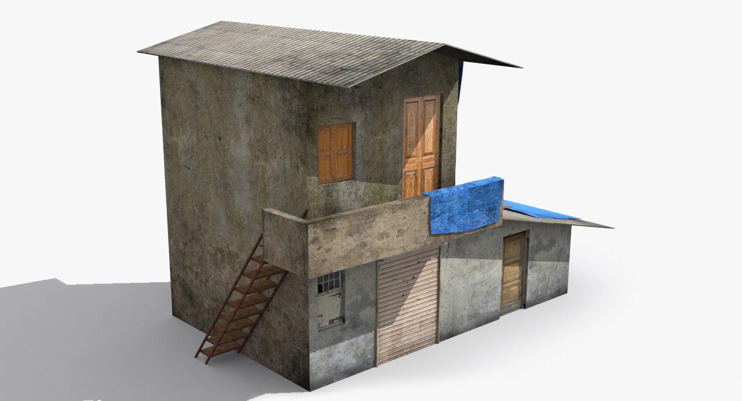 slum e old house with tarp Low-poly 3D model_1