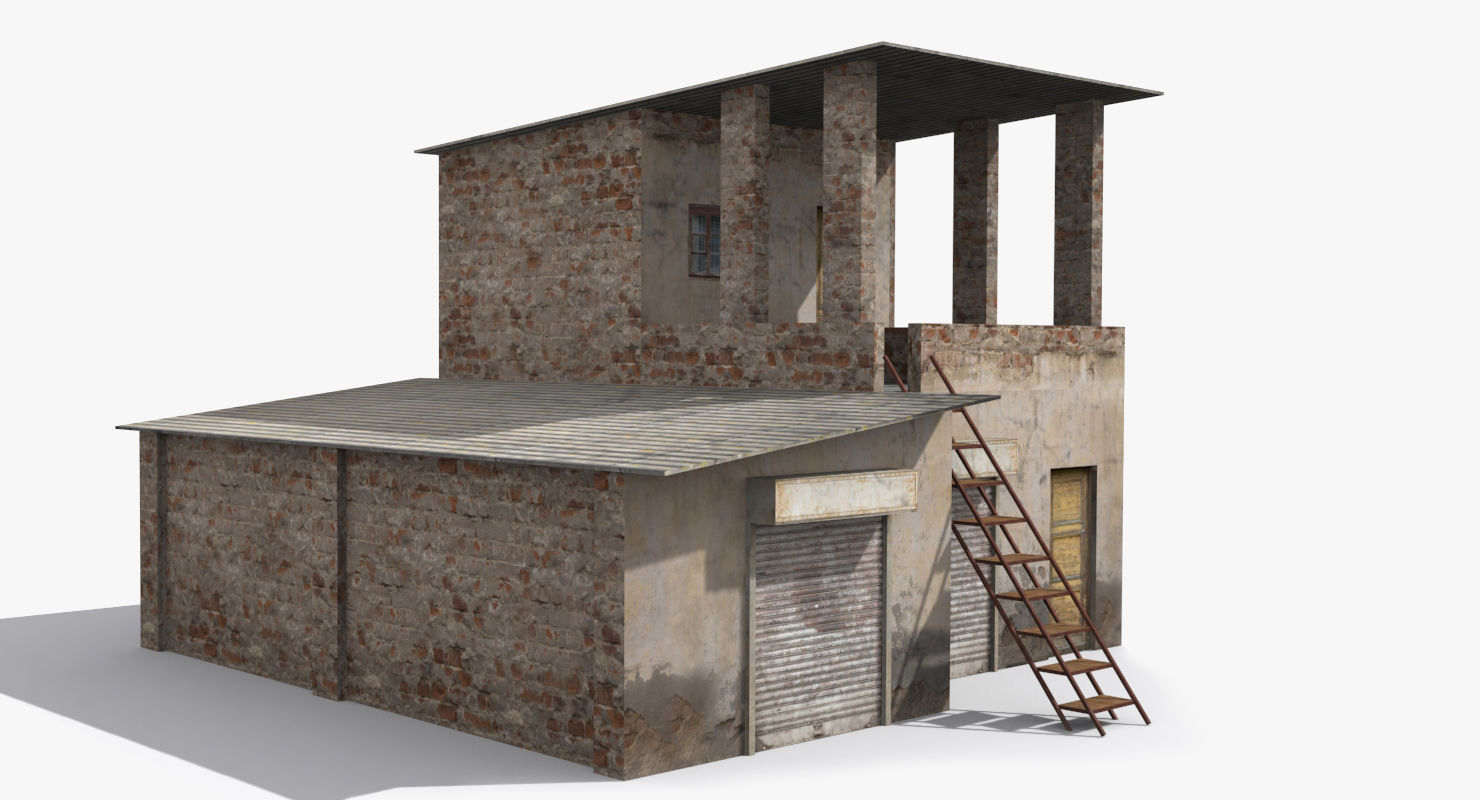slum f old building with ladder Low-poly 3D model_1