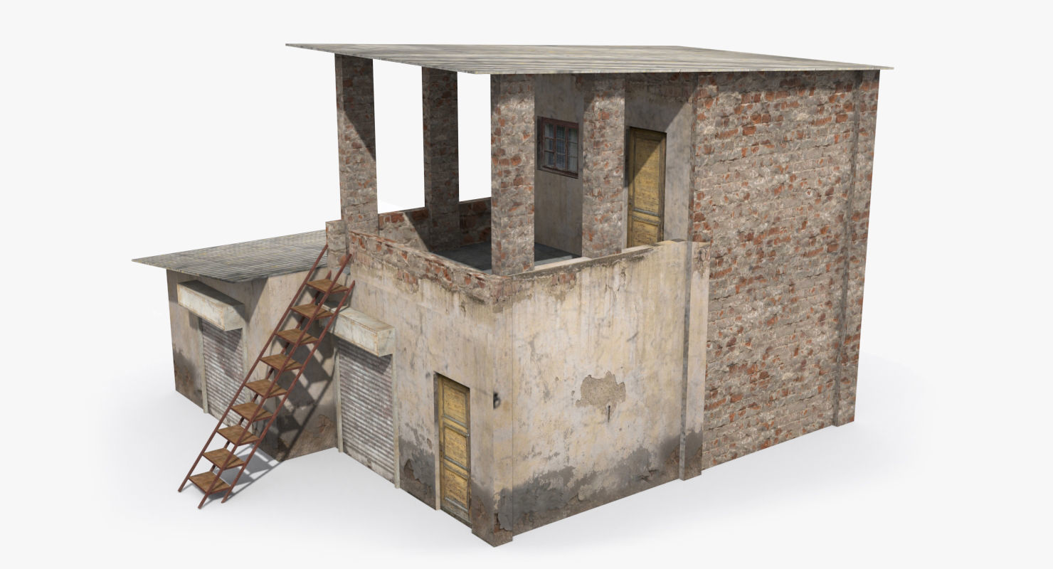 slum f old building with ladder Low-poly 3D model_2