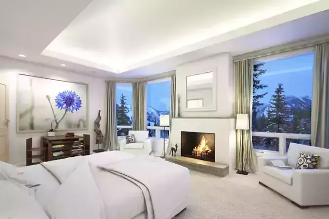 Bedroom with fireplace and mountain views