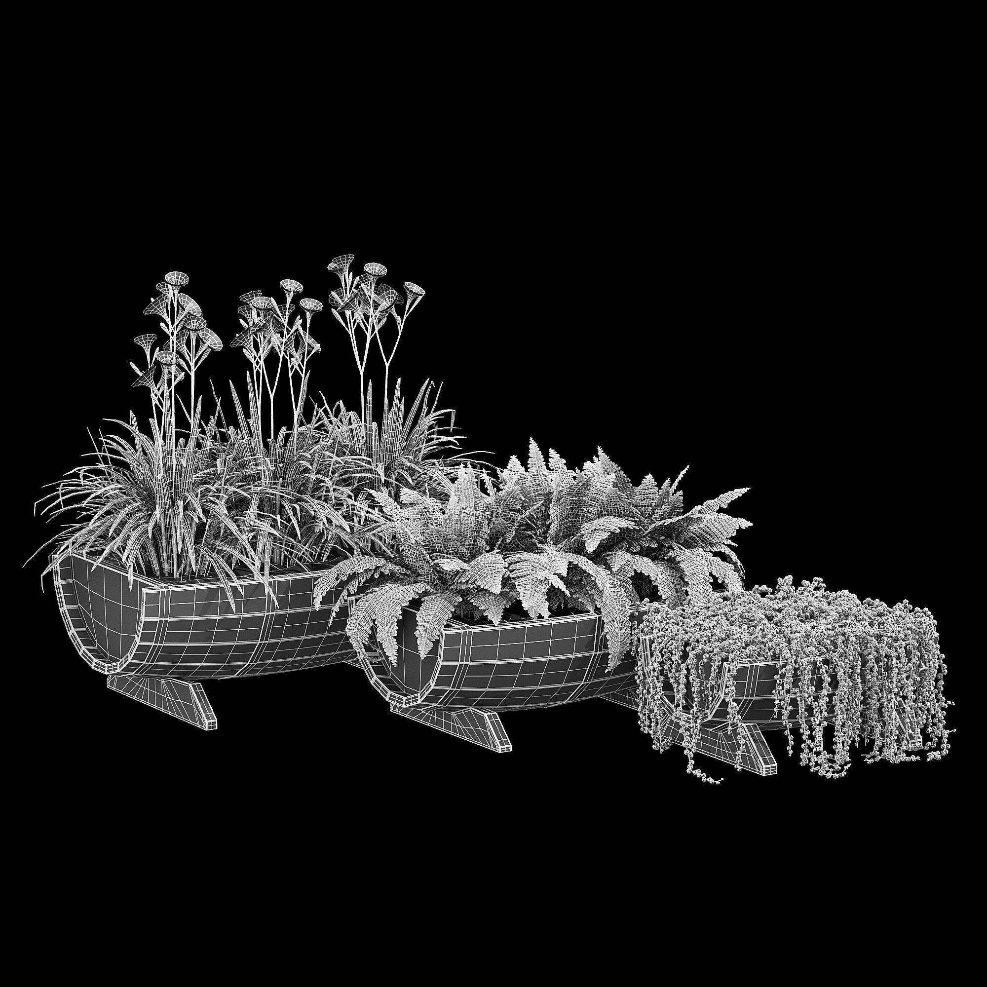 Yarmouth ferns and plants in wooden planter 3D model_13