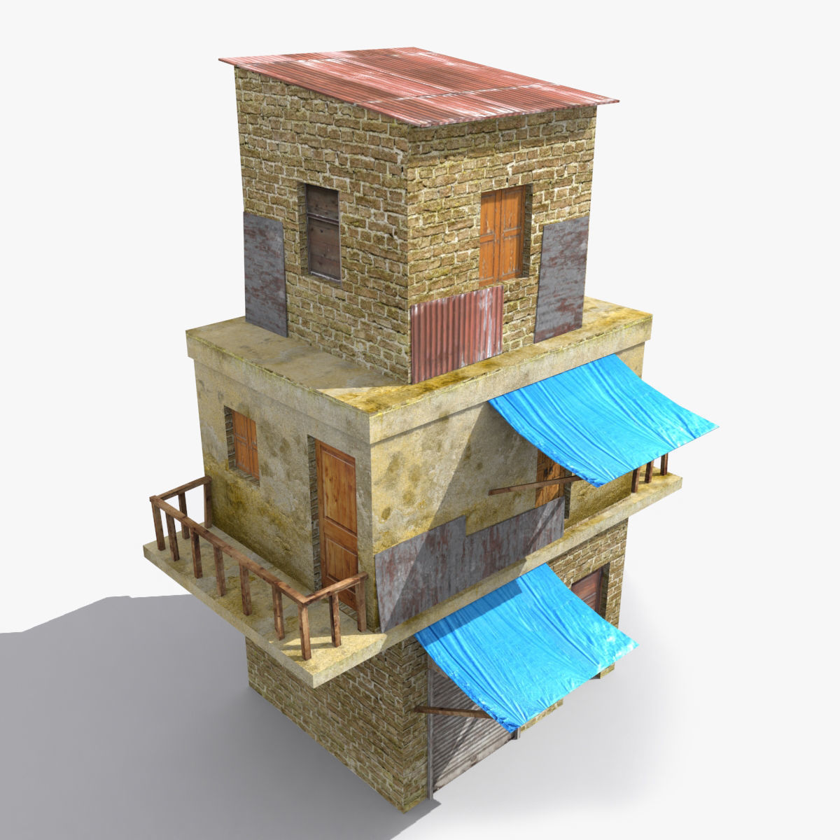 Slum s old building with awning Low-poly 3D model_3