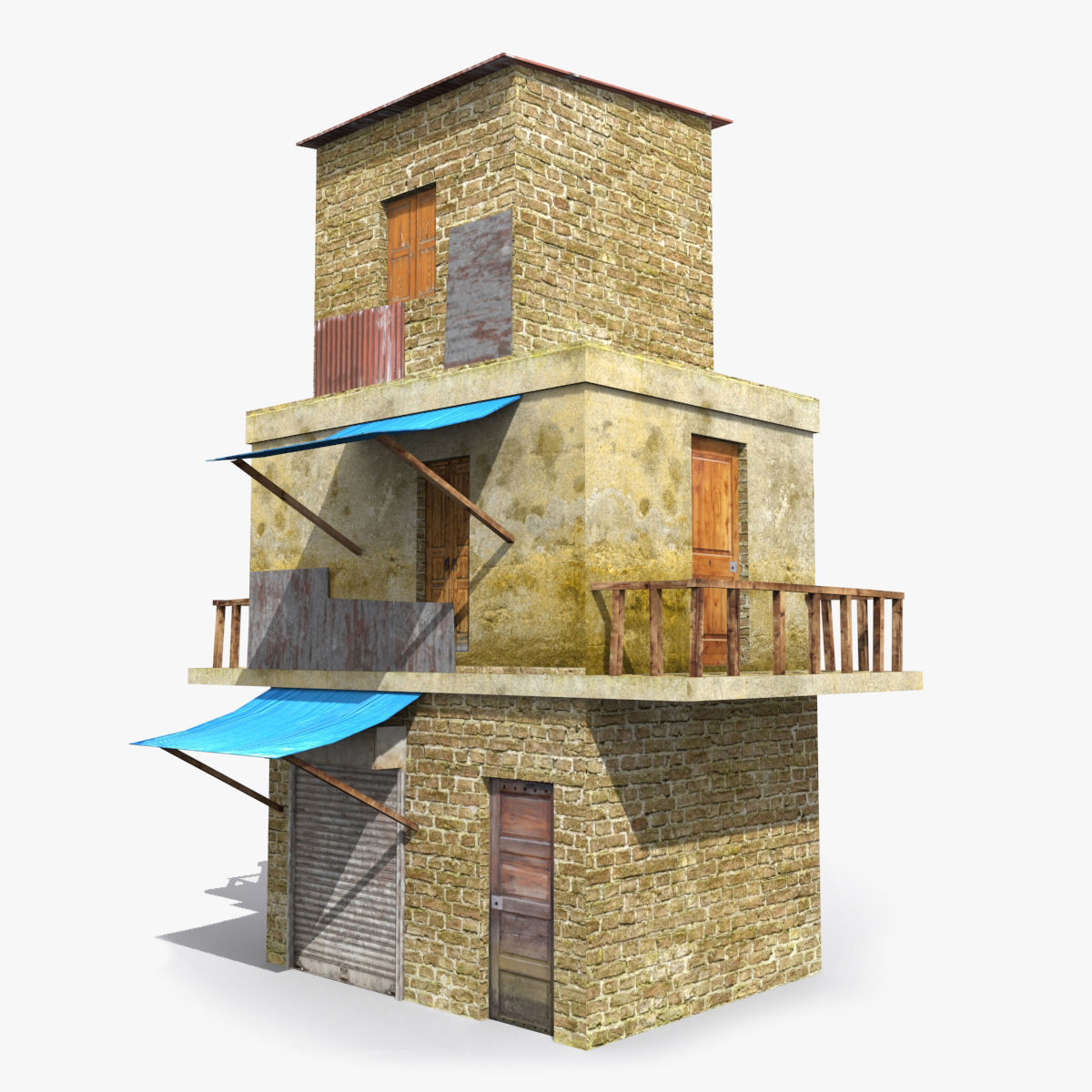 Slum s old building with awning Low-poly 3D model_2