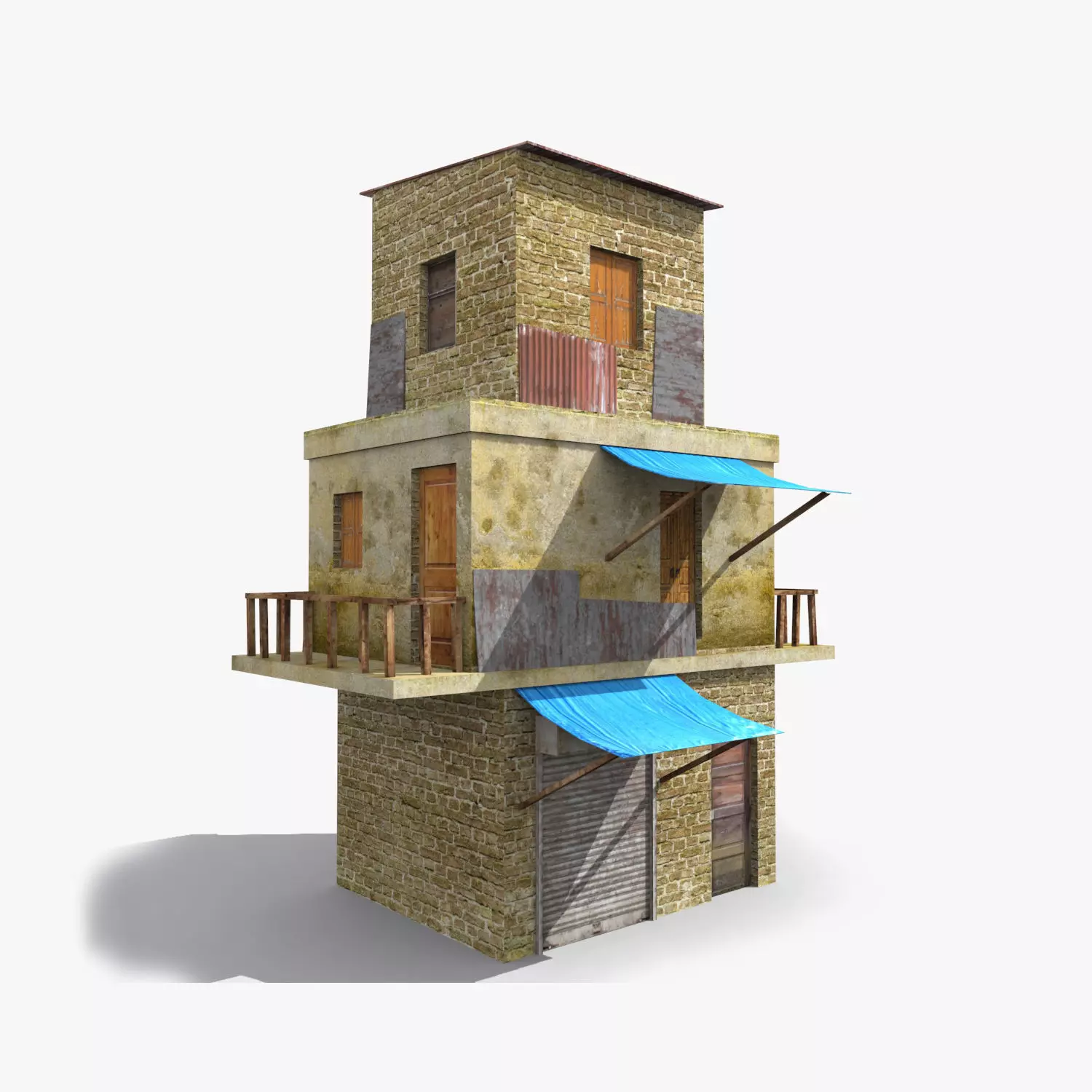 Slum s old building with awning Low-poly 3D model_0
