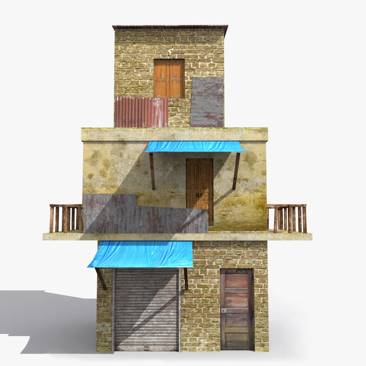 Slum s old building with awning Low-poly 3D model_1