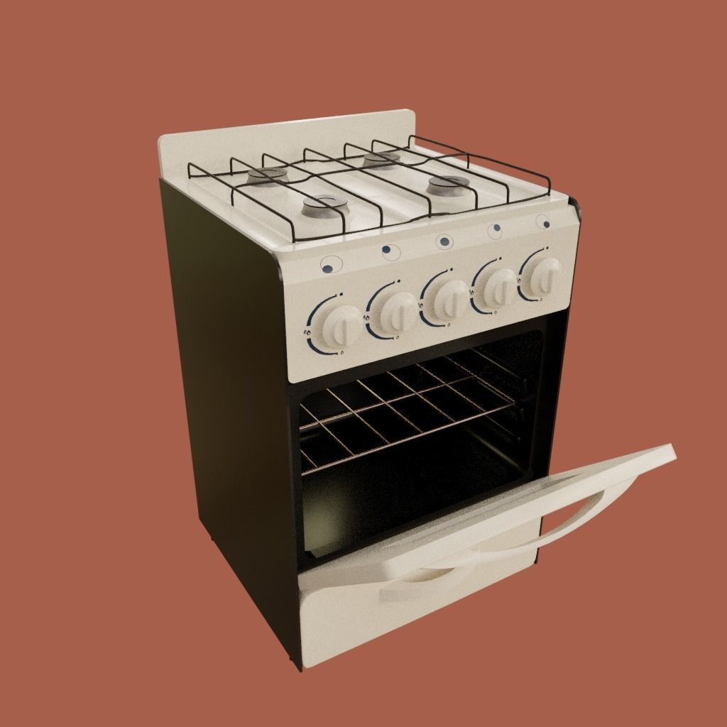 Gas Oven Stove with Rigged Door 3D model_1