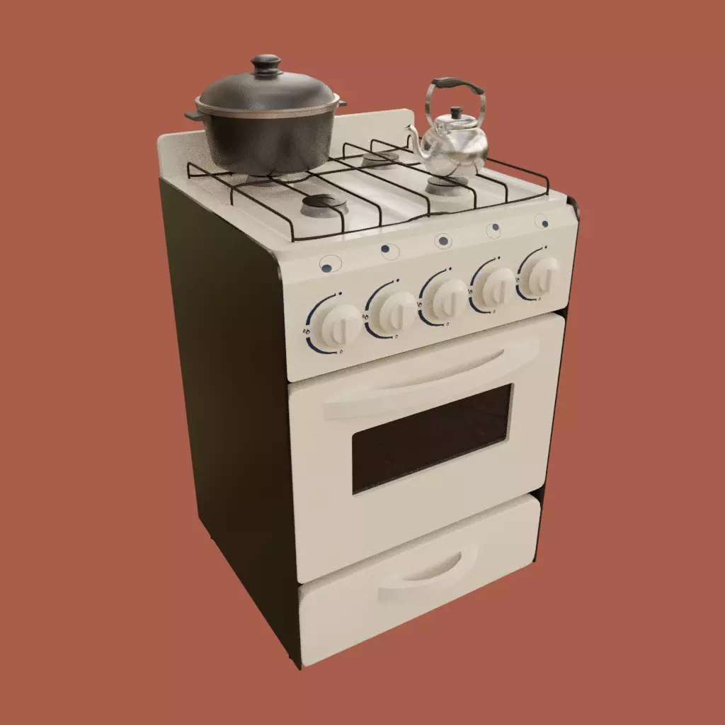 Gas Oven Stove with Rigged Door 3D model_0