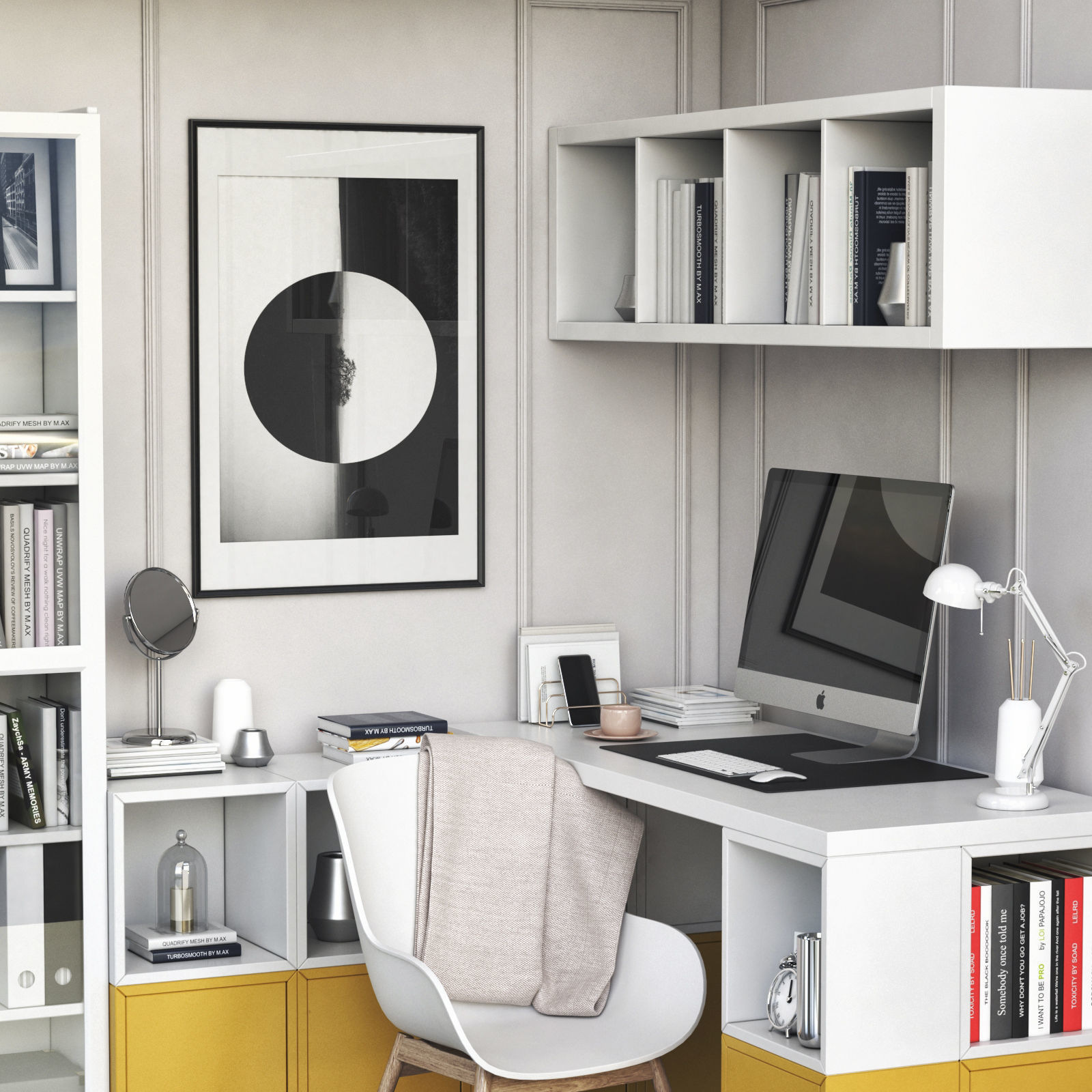 Corner workplace with EKET and BILLY OXBERG bookcase 3D model_1
