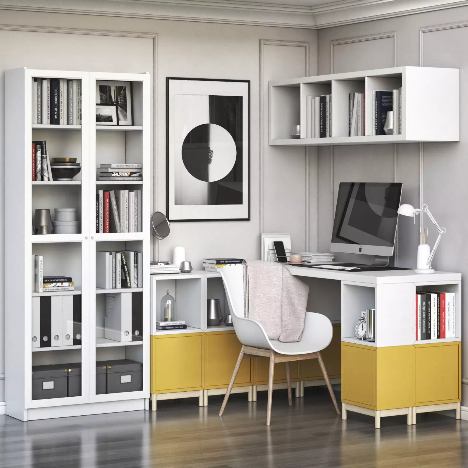 Corner workplace with EKET and BILLY OXBERG bookcase 3D model_0
