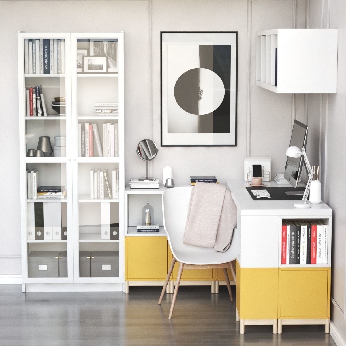 Corner workplace with EKET and BILLY OXBERG bookcase 3D model_3