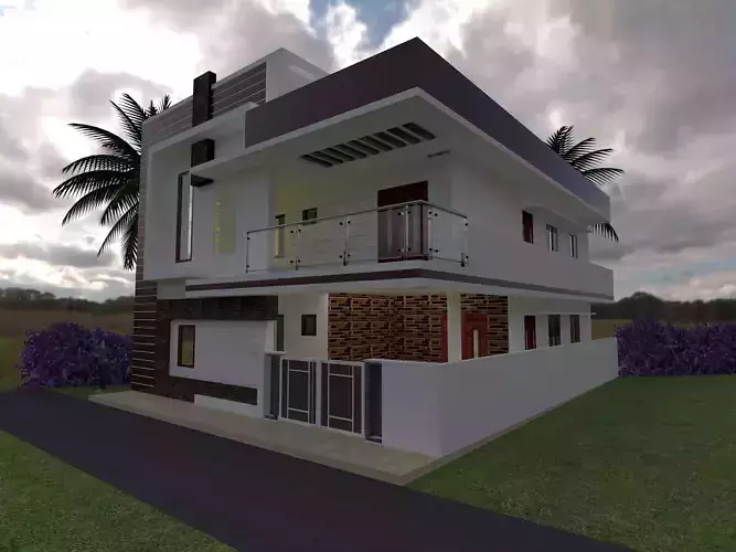 3d elevTION modern house with balconies and palm trees