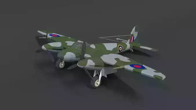 Low Poly Cartoon De Havilland DH 98 Mosquito WWII Airplane
